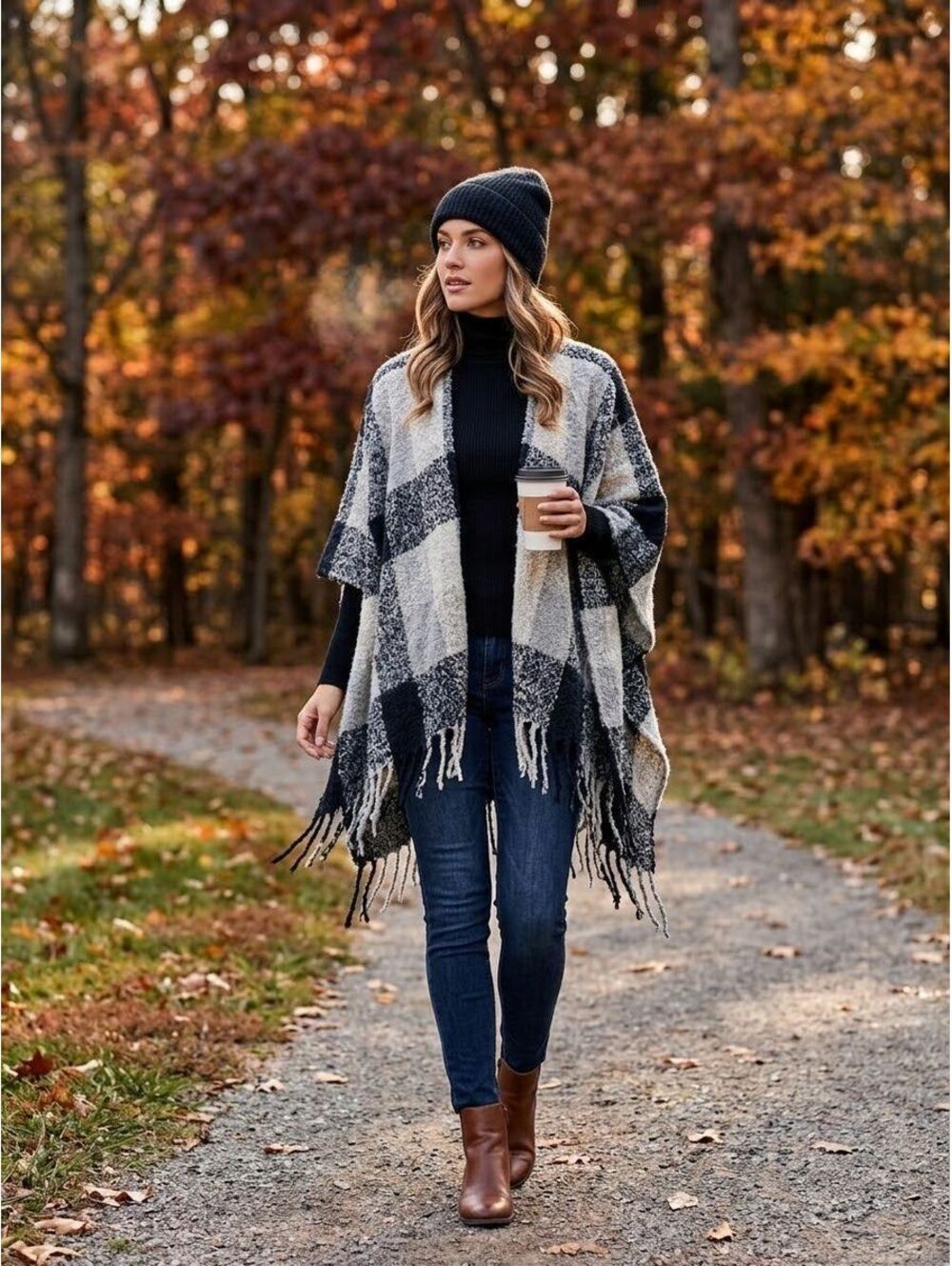 Woolrich Plaid Fringe Ruana Wrap Poncho Shawl OS Black Gray White Open Front